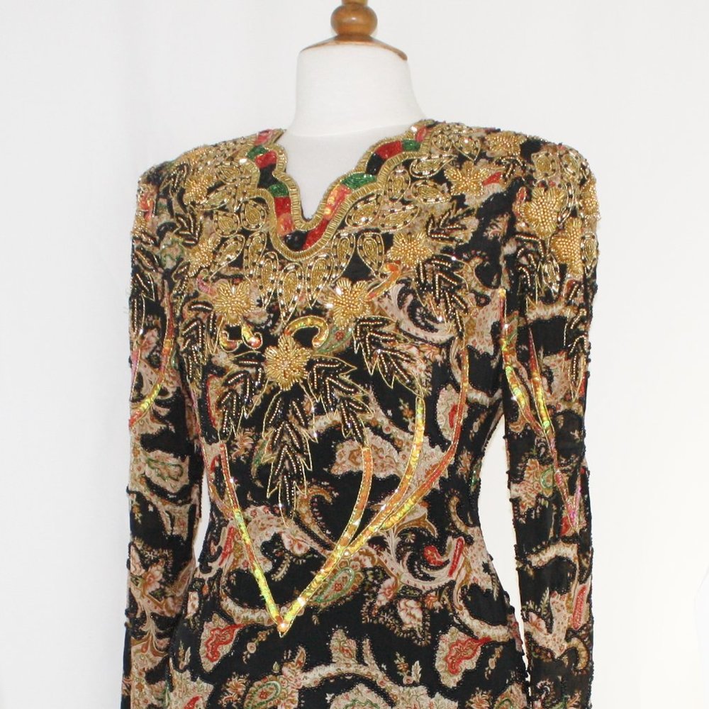 JASDEE Vintage Dress Hand Work Bead & Sequins and Hand Print on Silk Style 3044
